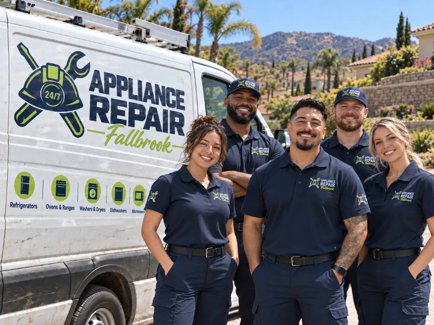 Technicians in Appliance Repair Fallbrook uniforms beside a branded service van