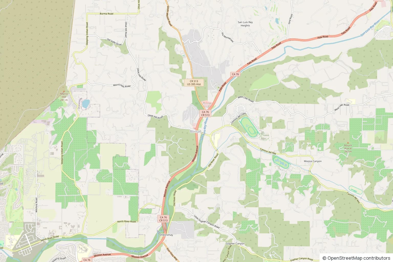 Street map of Bonsall along the San Luis Rey River, south of Fallbrook