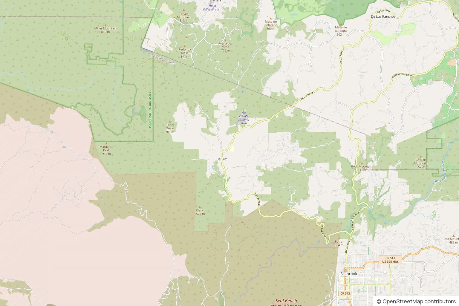 Map of the De Luz area in the hills north-west of Fallbrook