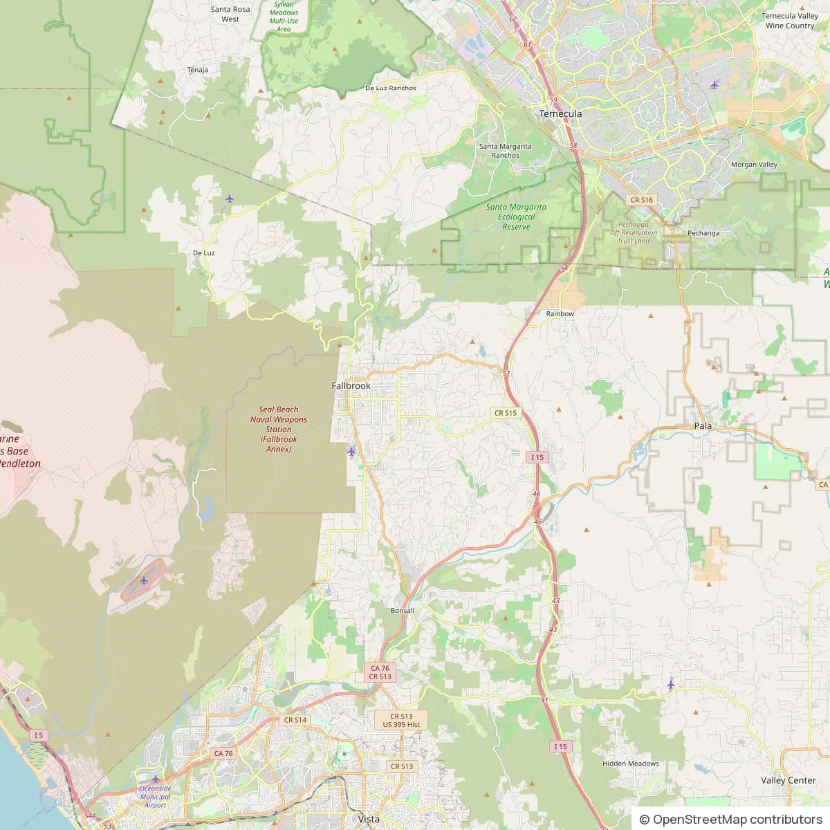 Map centred on Fallbrook, showing Bonsall, De Luz, Rainbow, and Pala