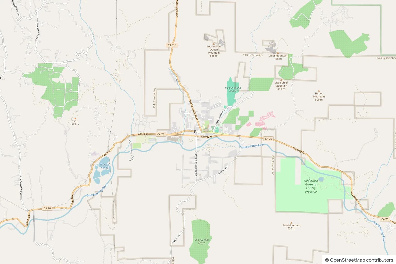 Street map of Pala in the San Luis Rey valley, east of Fallbrook