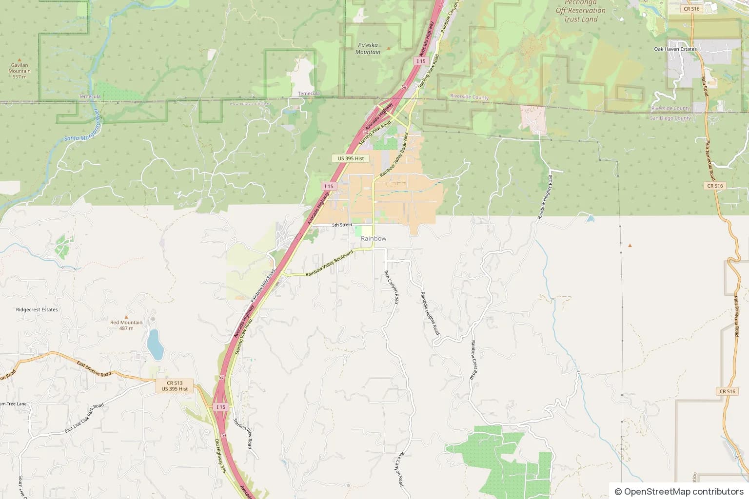 Street map of Rainbow, north-east of Fallbrook near the Riverside County line