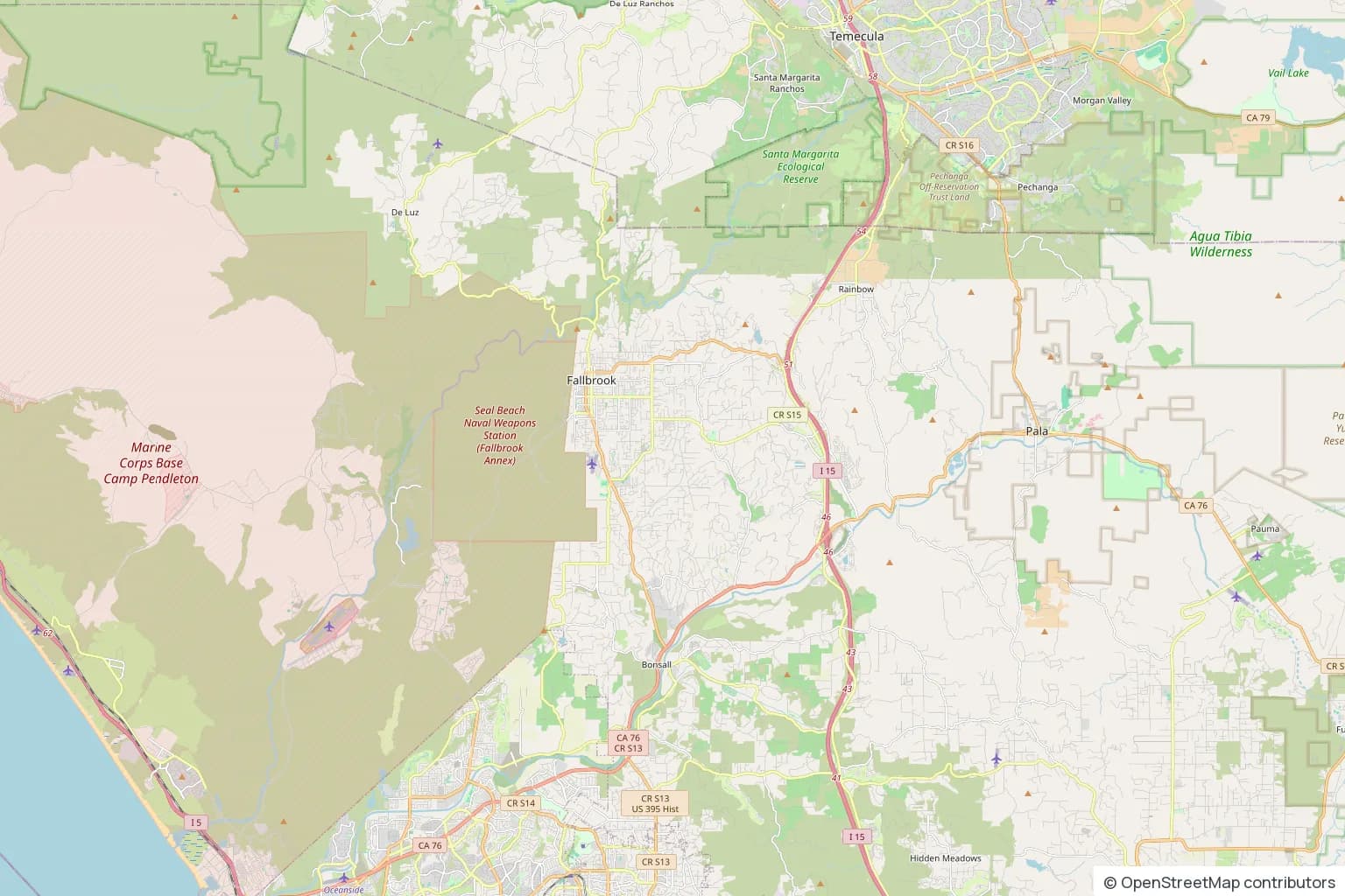 Map of Fallbrook, Bonsall, De Luz, Rainbow, and Pala
