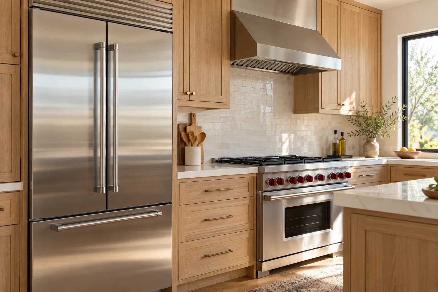 Illustrative bright kitchen with oak cabinetry and built-in appliances